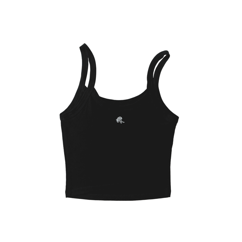 Studio shot of black Casa Malka tank top, back view