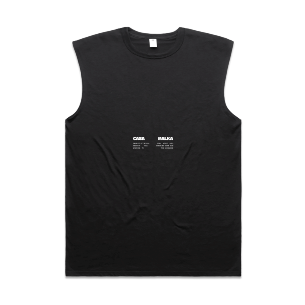Studio shot of black Casa Malka sleeveless shirt with front logo