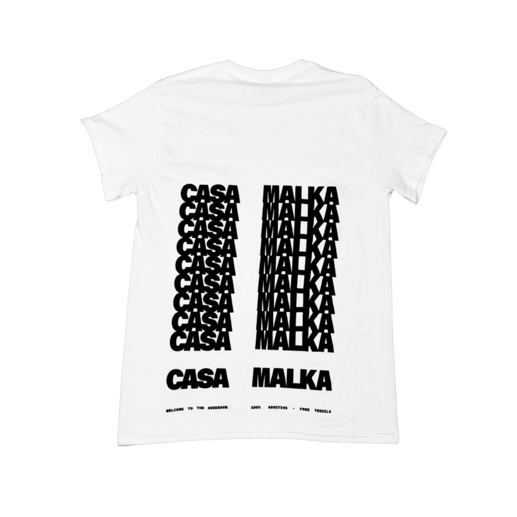 Studio shot of Casa Malka white t-shirt with front and back design details