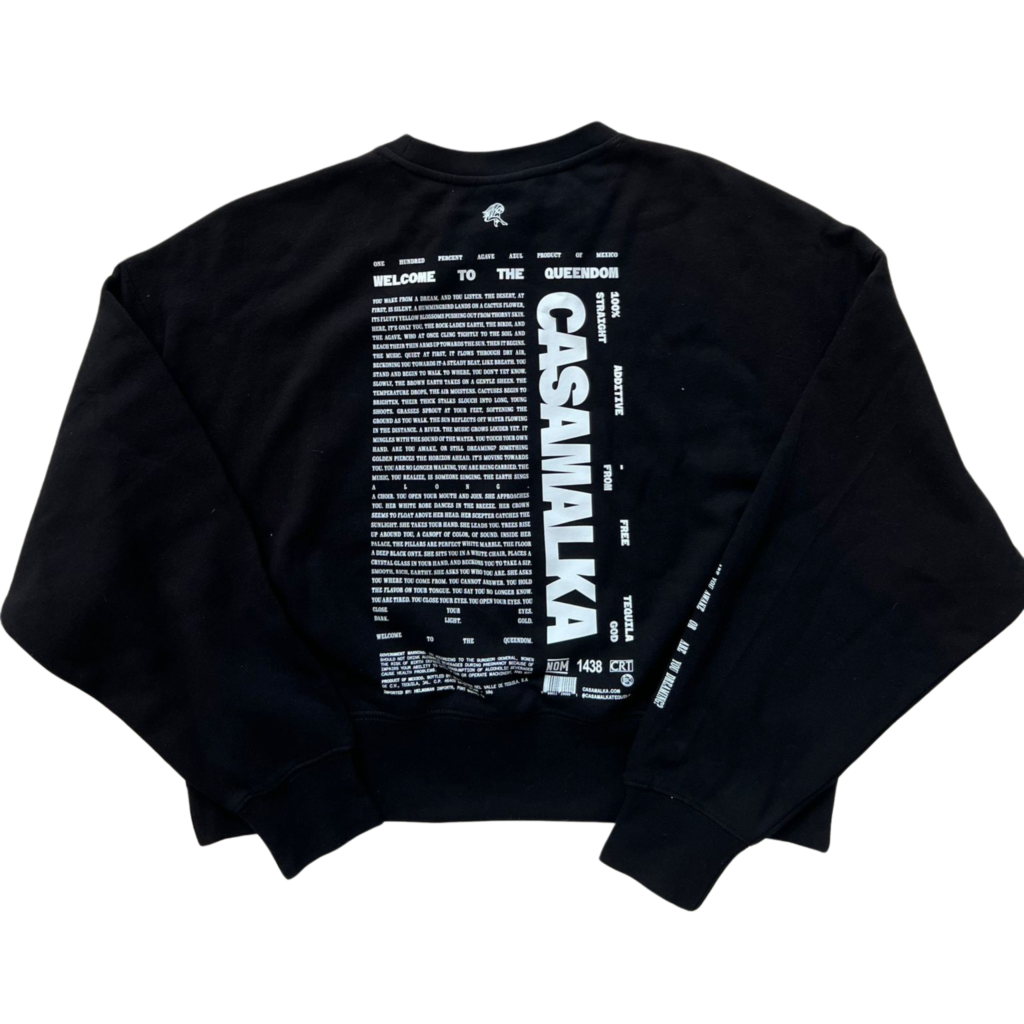 Back of Casa Malka black sweatshirt with bold white text and Queen-themed design